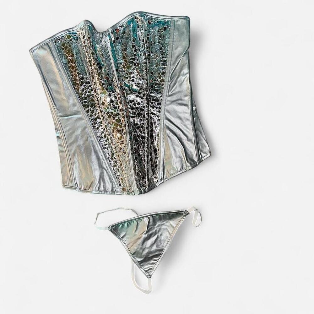 Silver Metallic Accent Futuristic Overbust Corset G-String Set - Size M